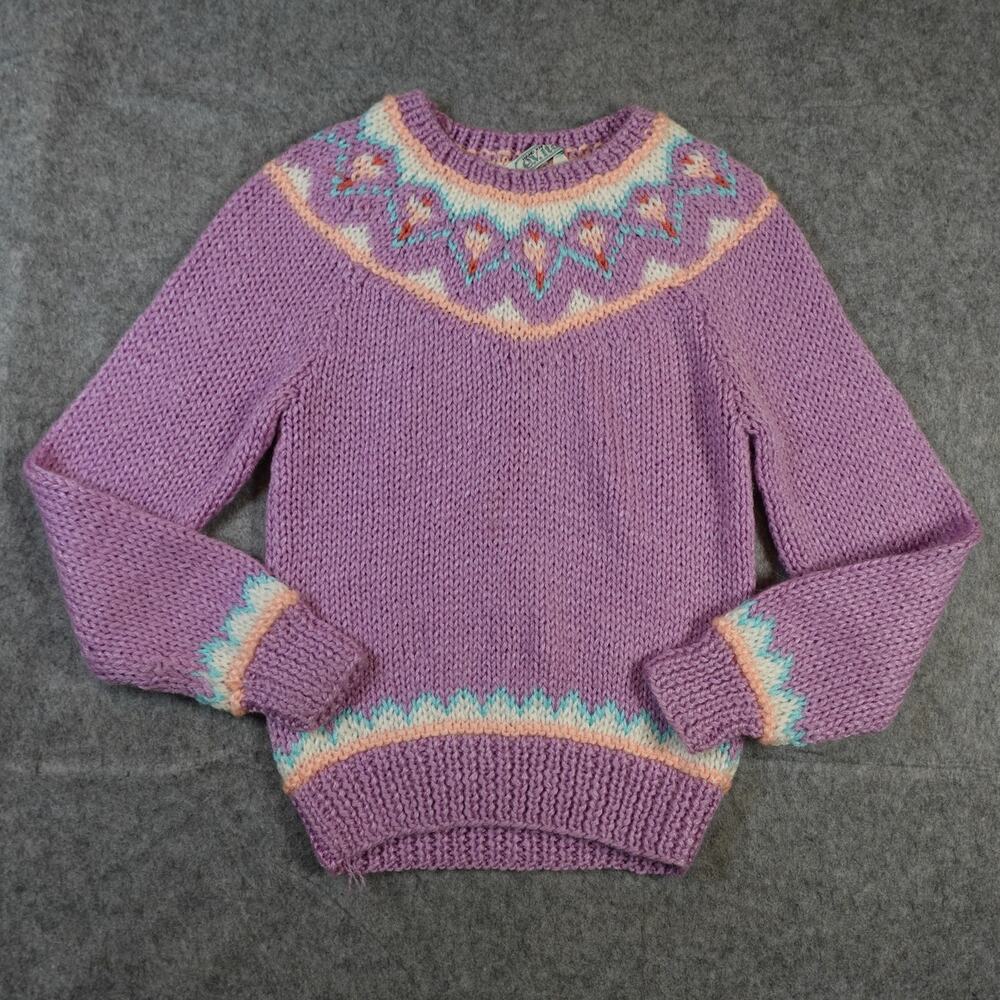Vintage EV Ltd Sweater Womens S? Hand Knit Fair Isle Nordic‎ Chunk Purple 1980s